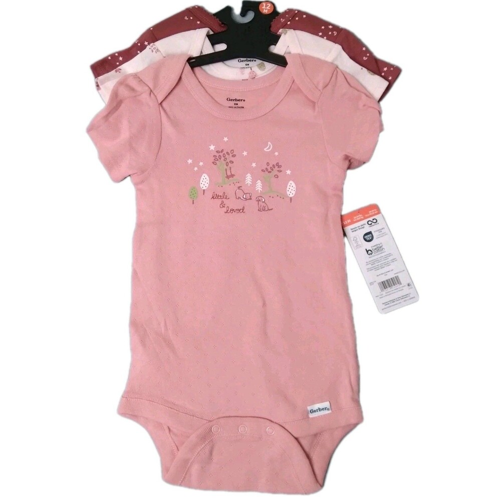 Gerber Onepiece Bodysuits Baby Girls 3pk Pink Short Sleeve Size 12M